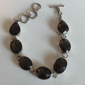 Smoky Quartz Faceted Cushion Cut Sterling Silver Toggle Bracelet